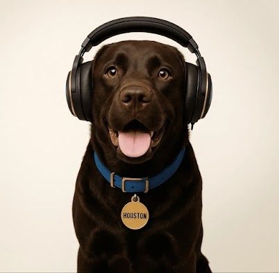 Houston the Paw-ducer wearing headphones